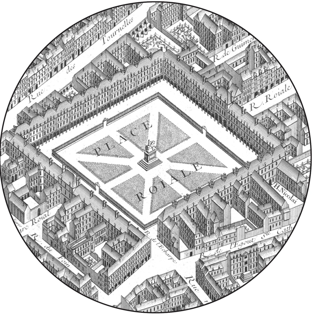 Historische isometrische Zeichnung der Place Royale und seiner umliegenden Straßenzüge.