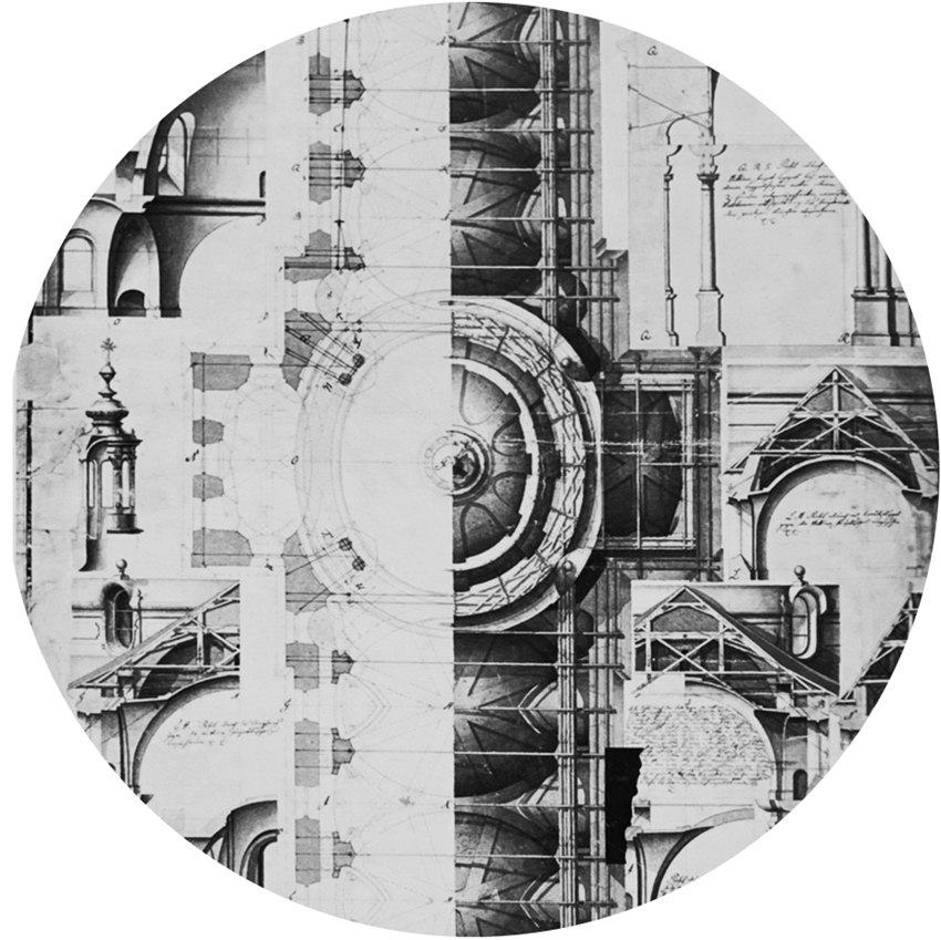 Architektonische Detailzeichnungen und Grundrisse einer historischen Kuppel und Gewölbestruktur.