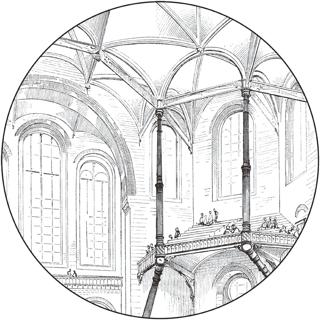 Innenansicht einer gotischen Halle mit Kreuzrippengewölbe und Empore, historische Zeichnung.