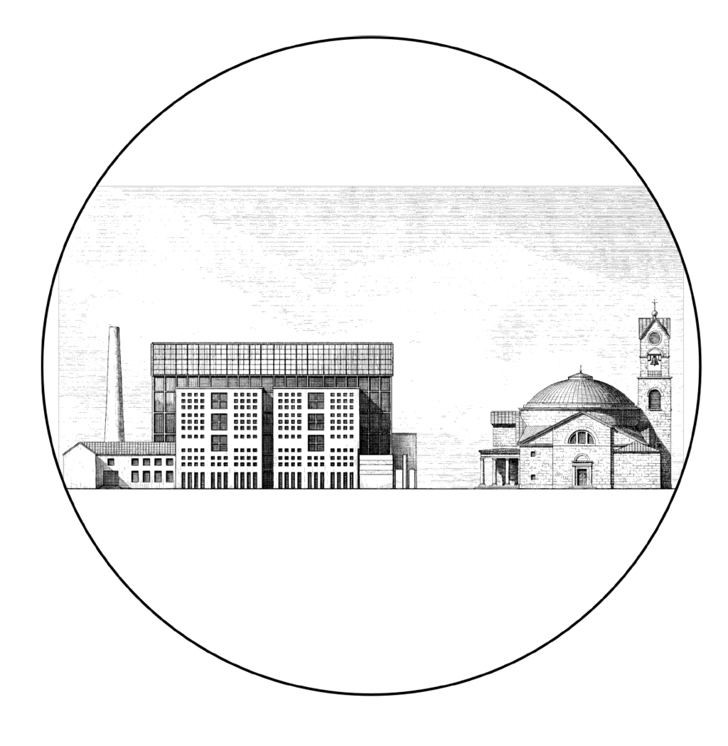 Strichzeichnung verschiedener Gebäude: links ein Industriekomplex, rechts eine Kirche mit Kuppel.